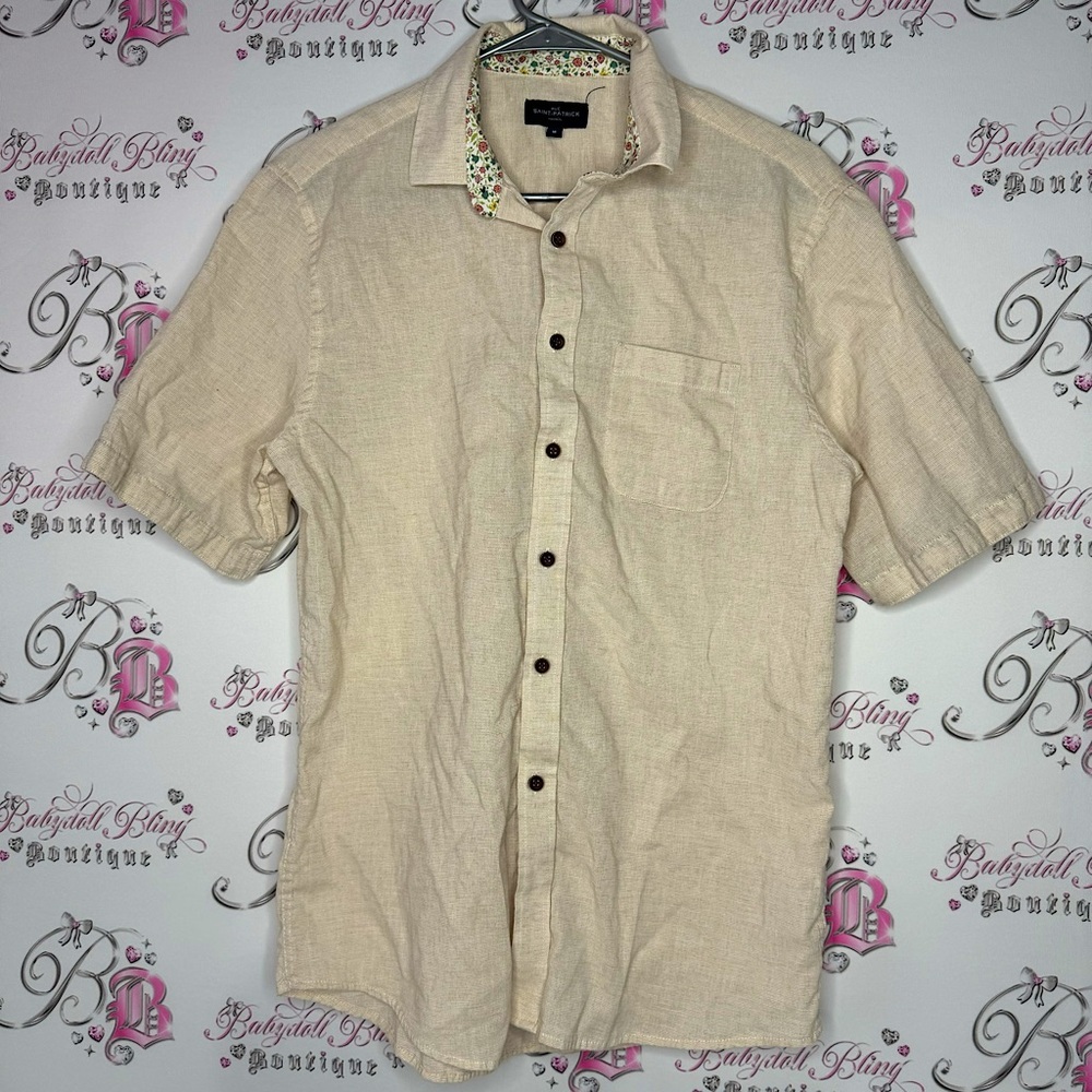 Rue saint Patrick Montreal button down tshirt top cream linen lightweight floral